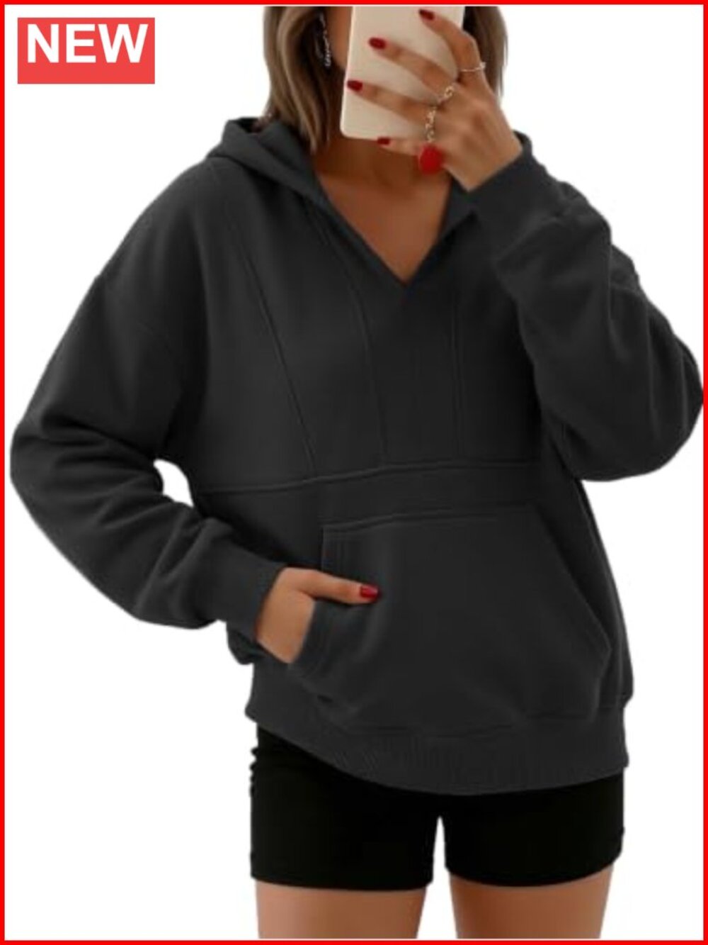 Oversized V-Neck Pullover Hoodie Kangaroo Pocket Loungewear
